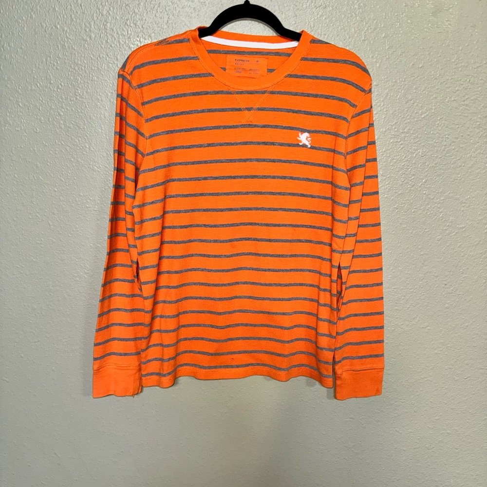 Express Men’s Large Waffle Knit Thermal Long Sleeve Orange Gray Striped Shirt